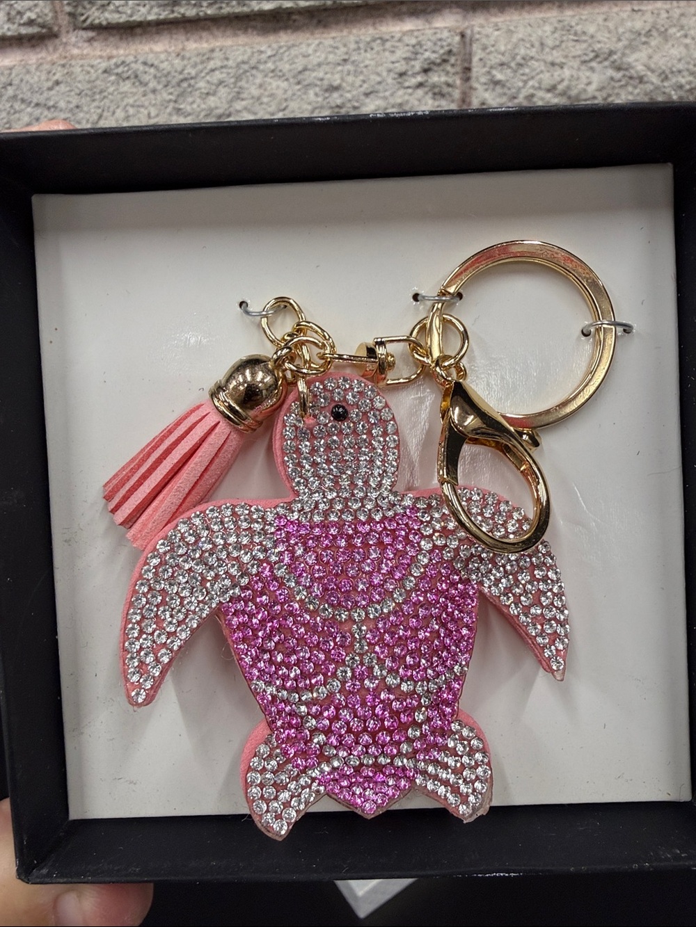 Pink Crystal Turtle Keychain with Tassel